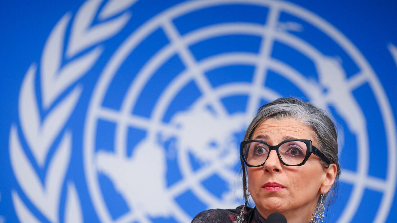 Francesca Albanese, UN special rapporteur on human rights in the Palestinian territories, attends a news conference during the Human Rights Council at the United Nations in Geneva, Switzerland, March 24, 2026. REUTERS/Denis Balibouse