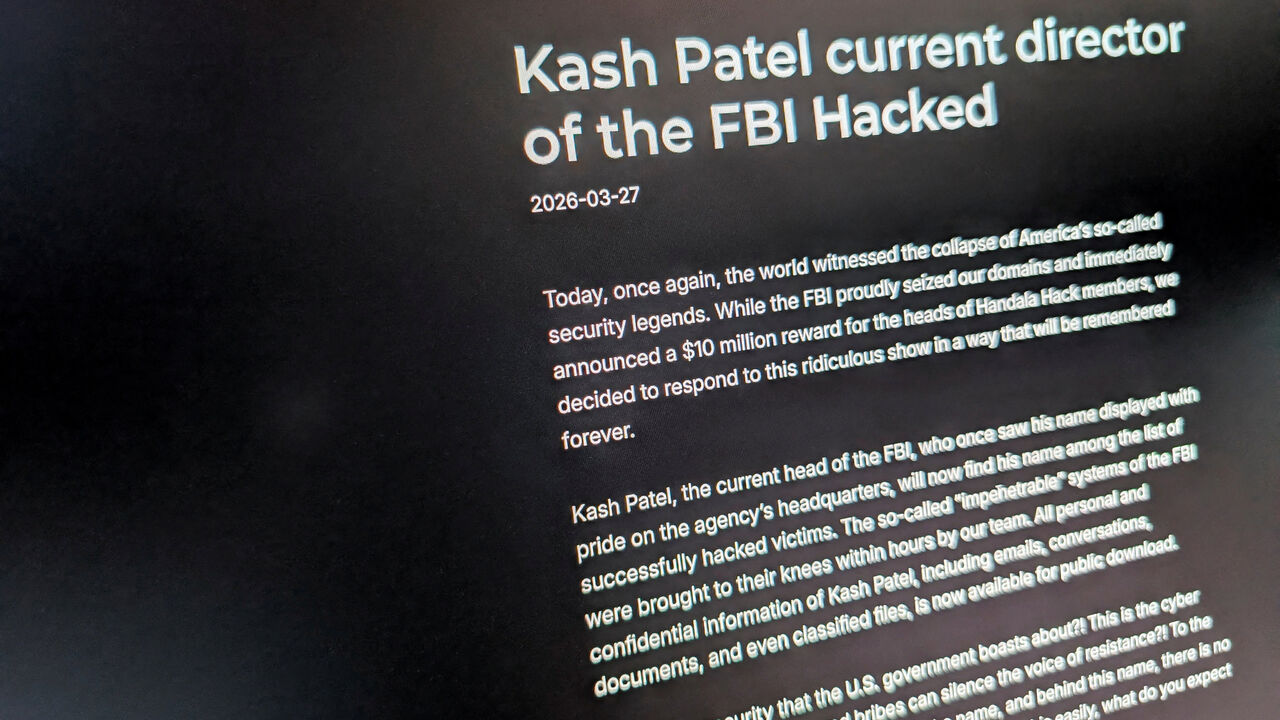 FILE PHOTO: The website used by the Handala Hack Team, an Iran-linked hacker group which has claimed credit for the breach of FBI Director Kash Patel?s personal email, is shown on a screen in Washington D.C., U.S., March 27, 2026. REUTERS/Raphael Satter/File Photo