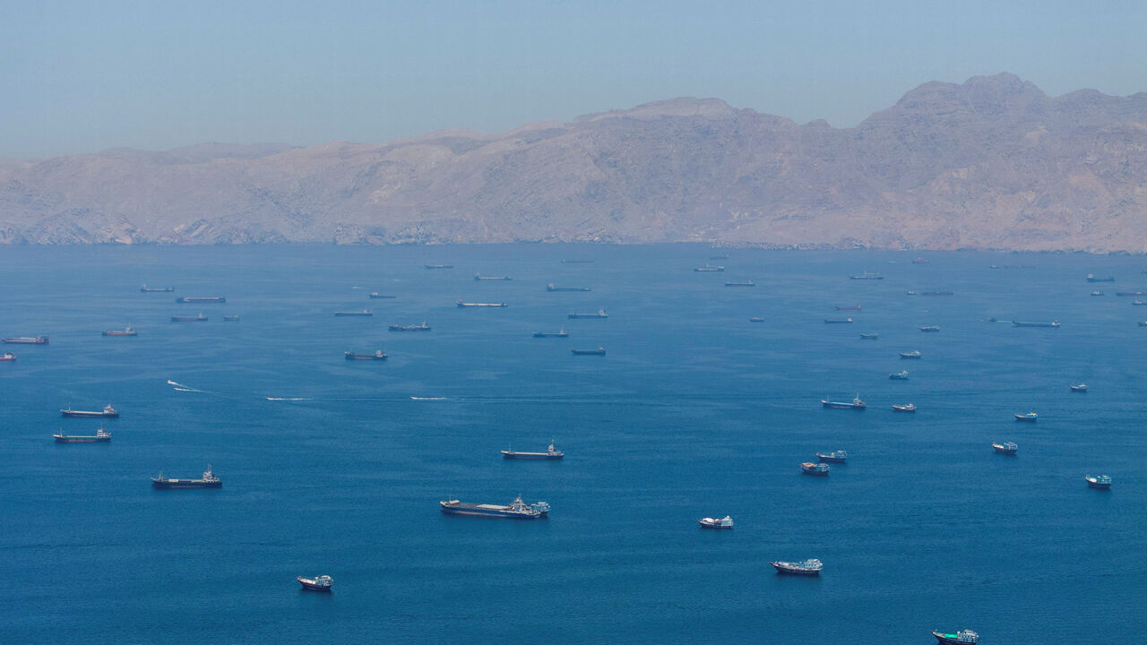 A drone view shows vessels anchored at the Strait of Hormuz, as seen from Musandam, Oman, May 25, 2026. REUTERS/Stringer