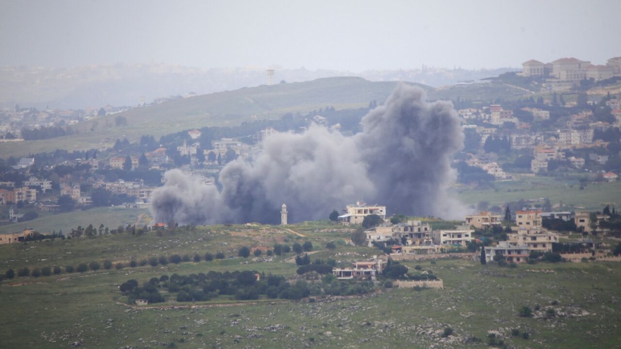 Smoke rises from an Israeli airstrike on the southern Lebanese village of Kfar Tibnit on May 4