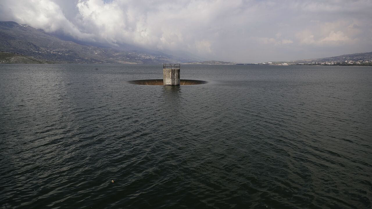 A partial view shows a drainage vacuum hole on the lake of Qaraoun in Lebanon's southern Beqaa Valley on April 5, 2019. 