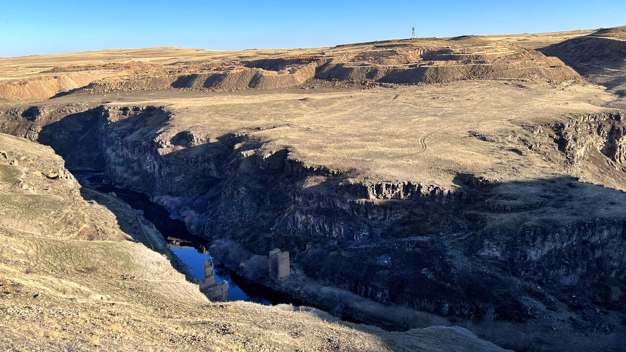A picture taken near Kars on Feb. 28, 2024 shows the ruins of a bridge over Arpacay river, the natural border between Turkey and Armenia.