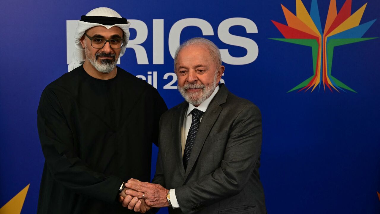 Abu Dhabi's crown prince, Sheikh Khaled bin Mohamed bin Zayed Al Nahyan, and Brazil's president, Luiz Inacio Lula da Silva, shake hands before a bilateral meeting ahead of the BRICS summit in Rio de Janeiro, Brazil, on July 5, 2025. 