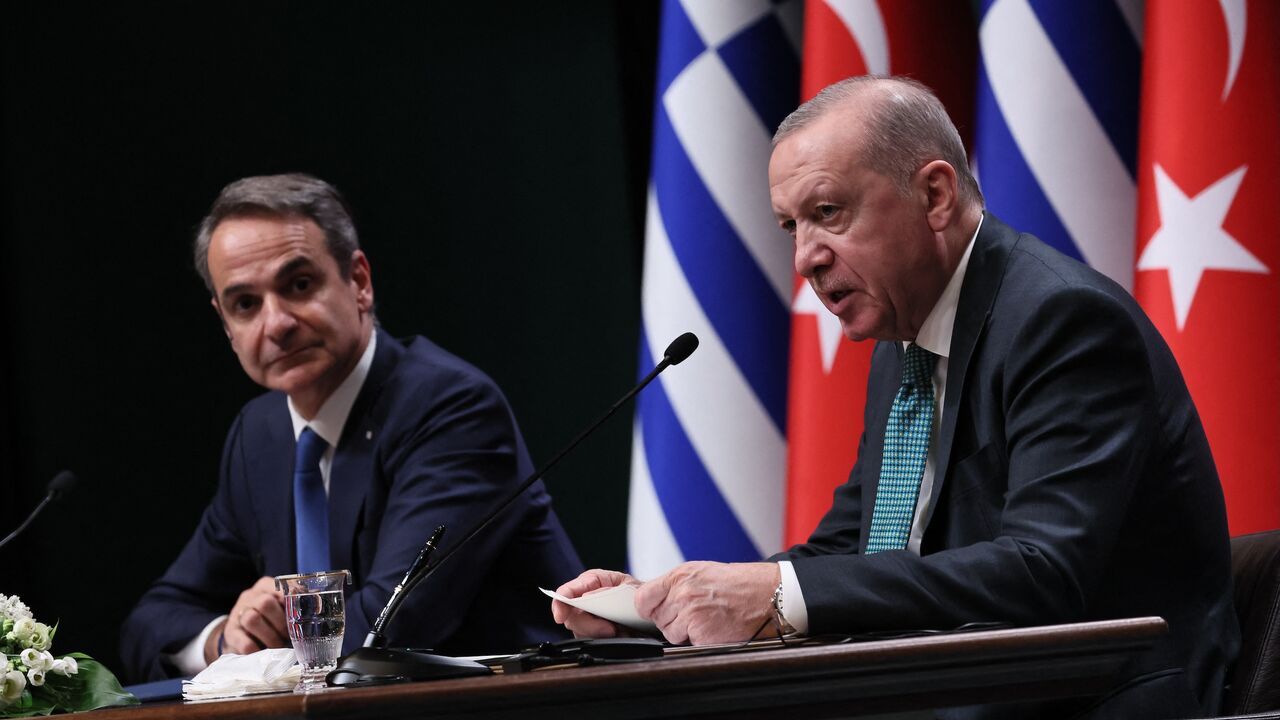 Turkish President Recep Tayyip Erdogan (R) addresses the media during a joint press conference with Greek Prime Minister Kyriakos Mitsotakis (L) at the Presidential Complex, Ankara, Feb. 11, 2026.