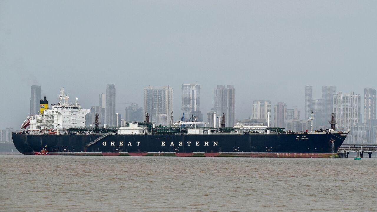 Jag Vasant, an Indian-flagged tanker carrying liquefied petroleum gas (LPG) that transited through the Strait of Hormuz amid the Middle East war, remains docked at an offloading terminal along the coast in Mumbai on April 1, 2026.