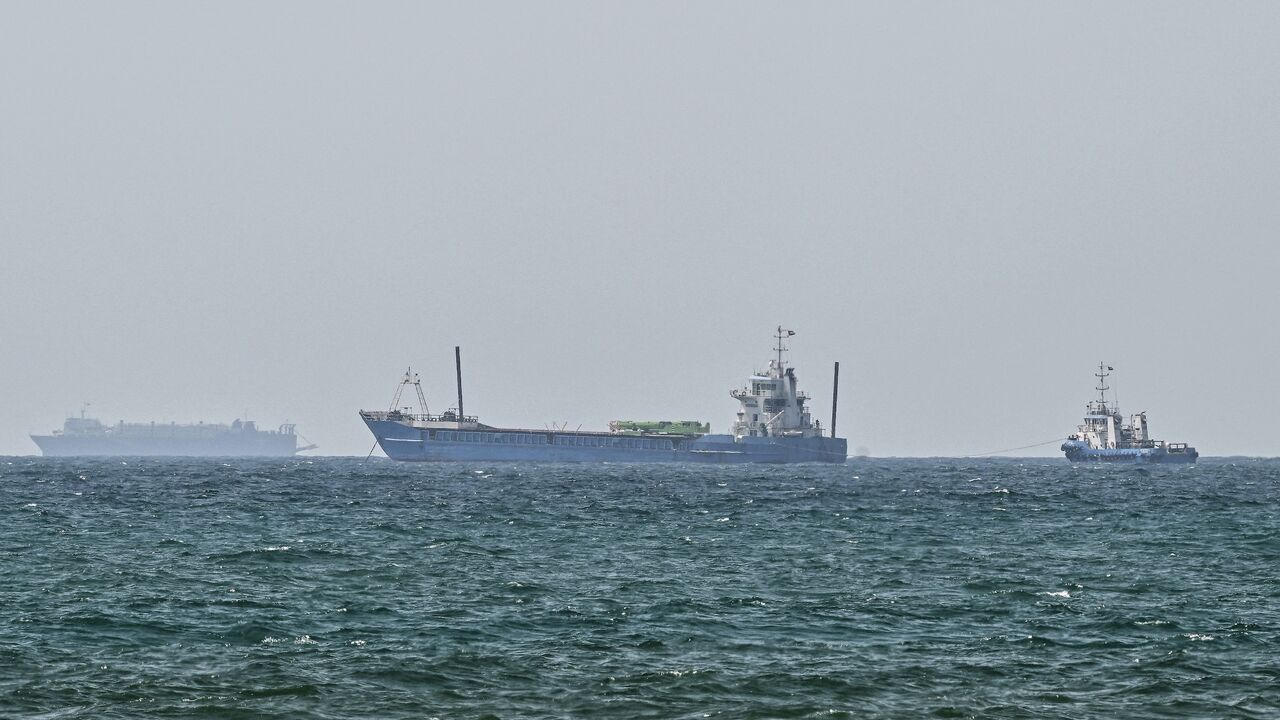 Vessels are anchored off the coast of Sharjah in the United Arab Emirates on May 21, 2026.