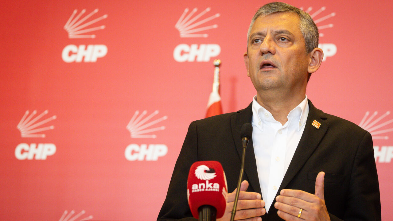 Republican People's Party (CHP) leader Ozgur Ozel, speaks to the media at CHP headquarters on May 22, 2026, in Ankara, Turkey. 