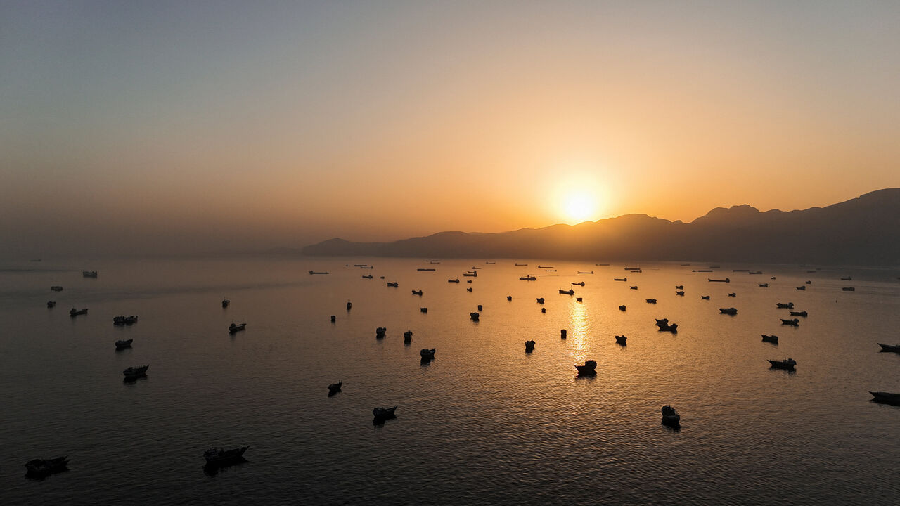 A drone view of vessles anchored in the Strait of Hormuz as seen from Musandam, Oman, June 3, 2026. REUTERS/Stringer