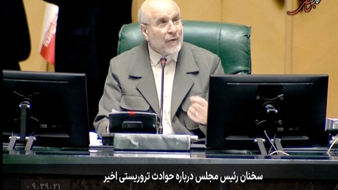 Iran's Parliament Speaker, Mohammad Baqer Qalibaf speaks in parliamen in Tehran, Iran January 11, 2026, in this screengrab obtained from a video. IRINN/via Reuters TV/Handout via REUTERS