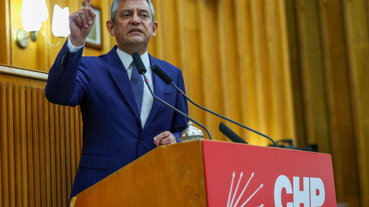 Ozgur Ozel, ousted leader of the main opposition Republican People’s Party (CHP) and head of its parliamentary group, addresses party lawmakers and supporters during a meeting at the parliament in Ankara, Turkey, June 2, 2026. CHP Parliamentary Group/Handout via REUTERS