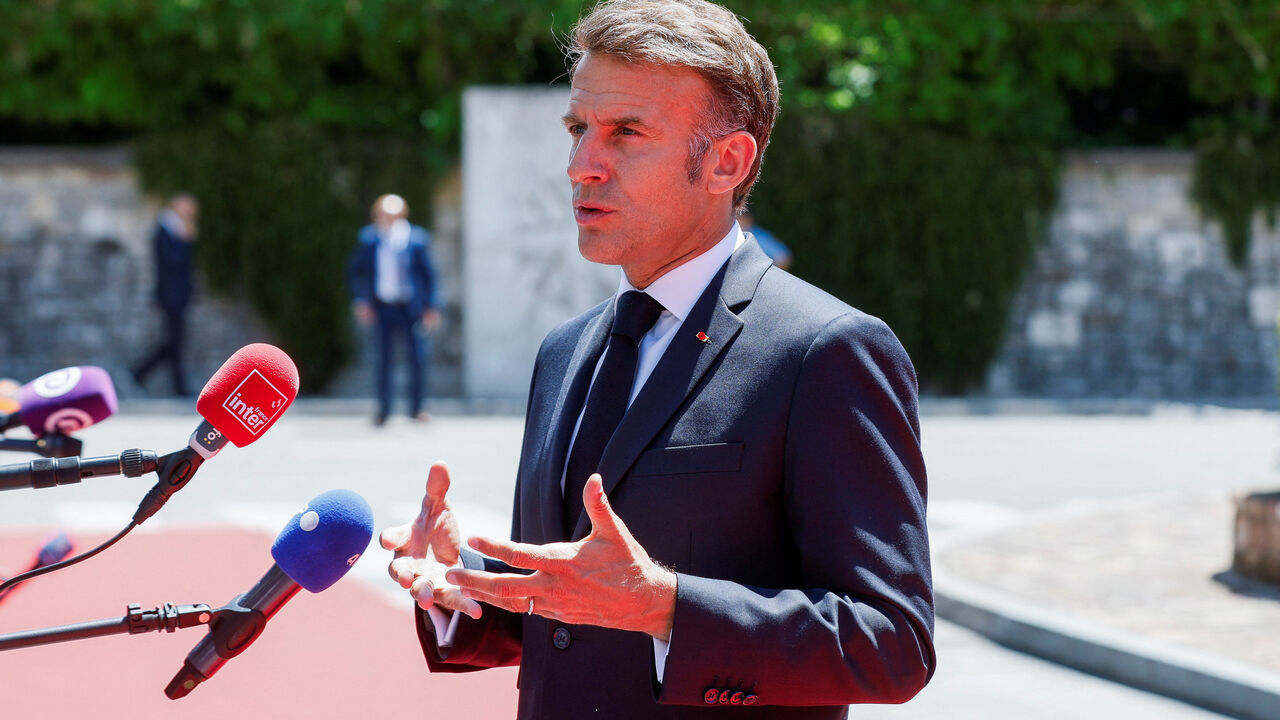 France's President Emmanuel Macron speaks with the media as he arrives for the EU-Western Balkans Summit in Tivat, Montenegro, June 5, 2026. REUTERS/Stevo Vasiljevic