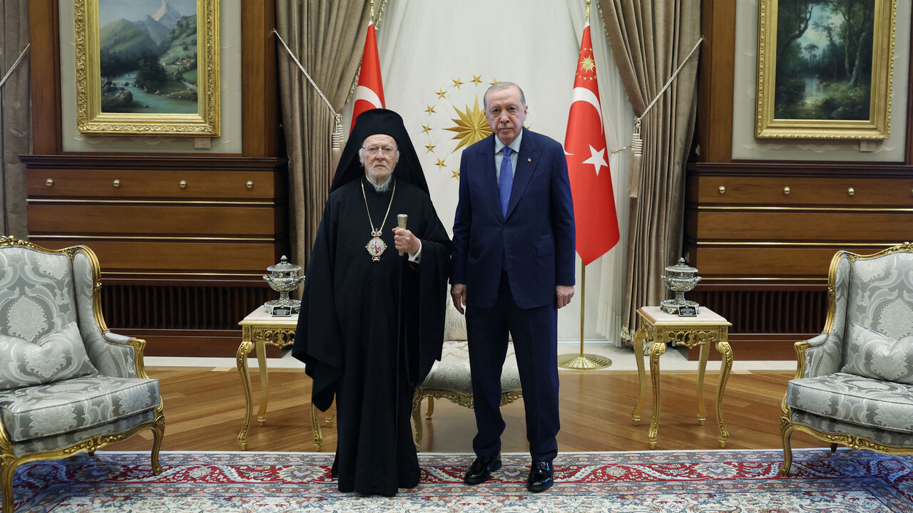 Turkish President Tayyip Erdogan meets with Ecumenical Patriarch Bartholomew I at the Presidential Palace in Ankara, Turkey, June 16, 2026. Murat Kula/Presidential Press Office/Handout via REUTERS