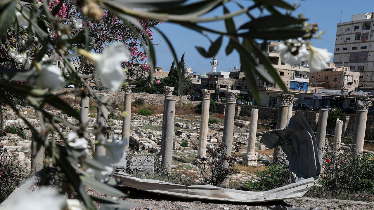 A piece of metal lies at of Al‑Bass Roman ruins, a UNESCO World Heritage site hit by an Israeli airstrike  in Tyre, southern Lebanon June 25, 2026. REUTERS/Zohra Bensemra