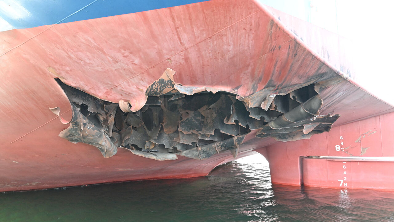 FILE PHOTO: The damaged stern of a bulk carrier operated by South Korean shipper HMM, after it was struck by two unidentified objects on May 4 while stranded in the Strait of Hormuz, in this handout picture released on May 10, 2026. South Korean Foreign Ministry/Handout via REUTERS/File Photo