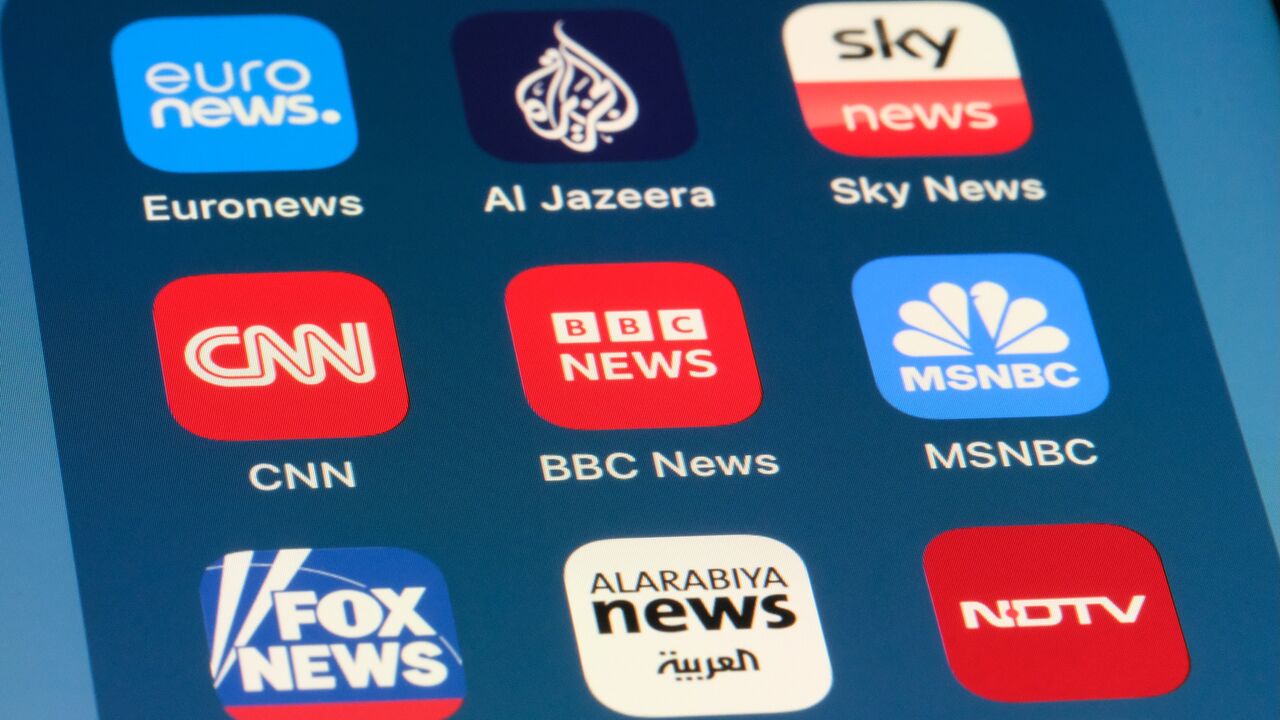 Brand logos for BBC NEWS, CNN, MSNBC, Euronews, Al Jazeera, Sky News, Fox News, Al Arabiya, and NDTV, Nov. 22, 2023.