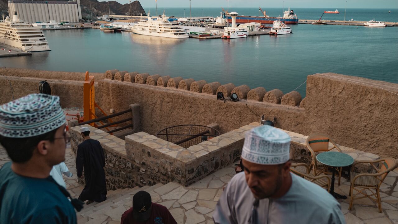 Oil tankers and high-speed crafts anchored near the Strait of Hormuz, Muscat, Oman, March 30, 2026.