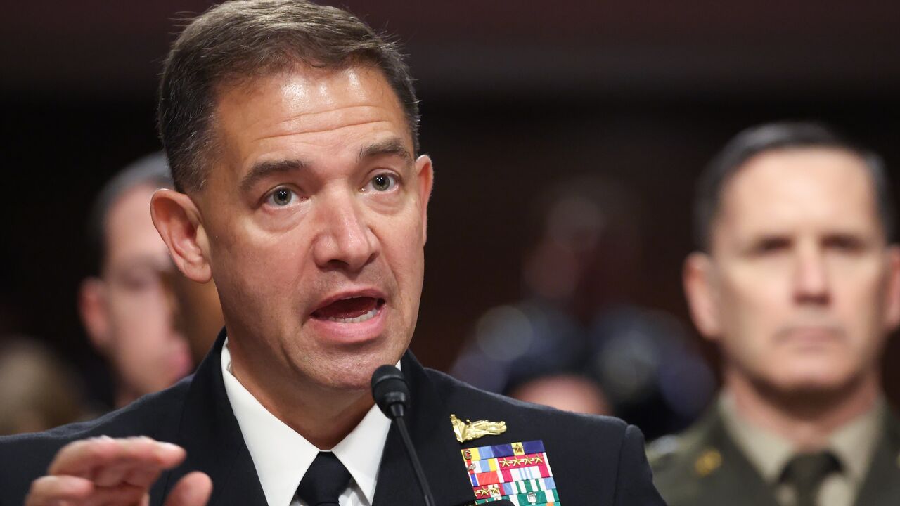 Commander of US Central Command (CENTCOM) Navy Adm. Brad Cooper testifies during a Senate Armed Services Committee hearing in the Dirksen Senate Office Building on Capitol Hill on May 14, 2026, in Washington.