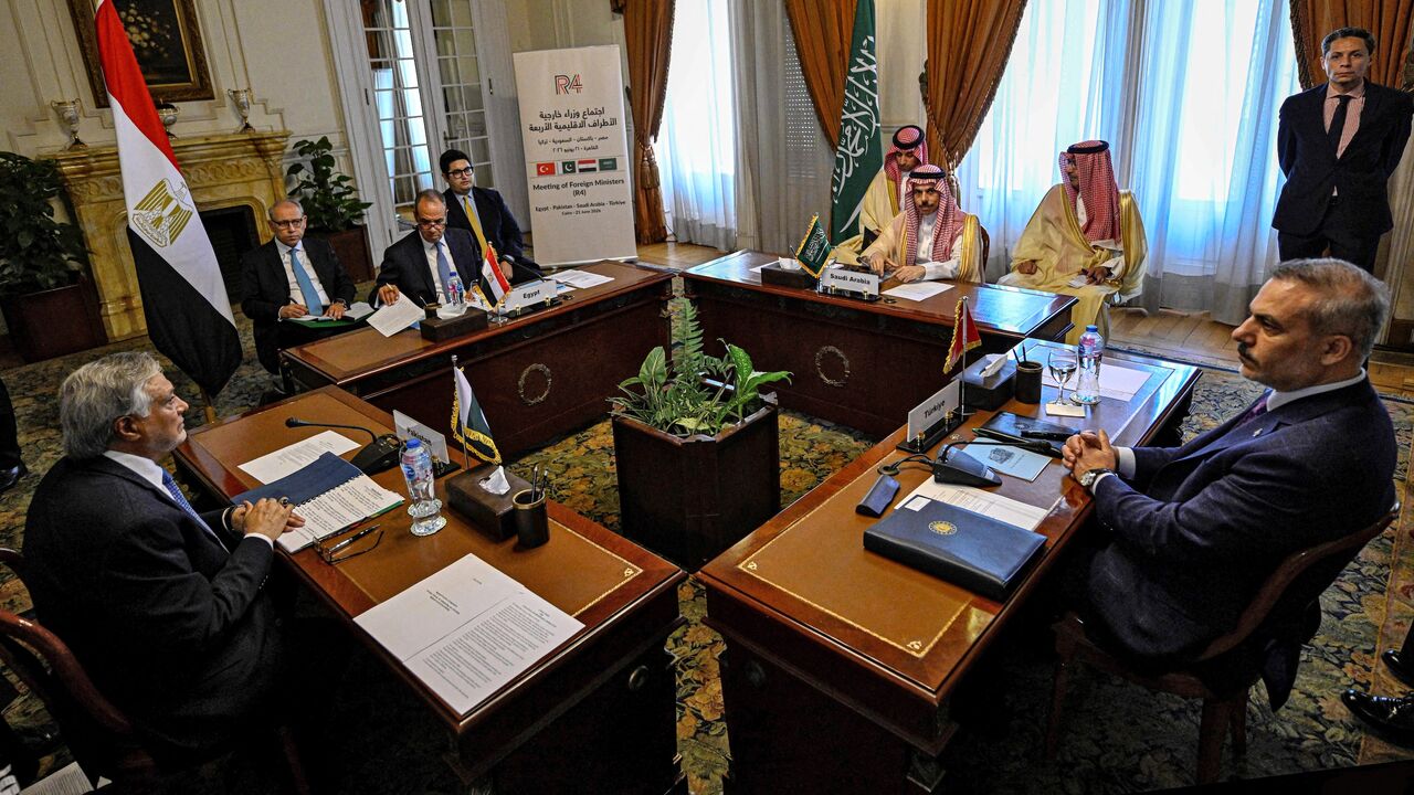 From (L-R) Pakistani Foreign Minister Ishaq Dar, Egyptian Foreign Minister Badr Abdelatty, Saudi Foreign Minister Faisal bin Farhan and Turkish Foreign Minister Hakan Fidan attend a meeting in Cairo on June 21, 2026. 
