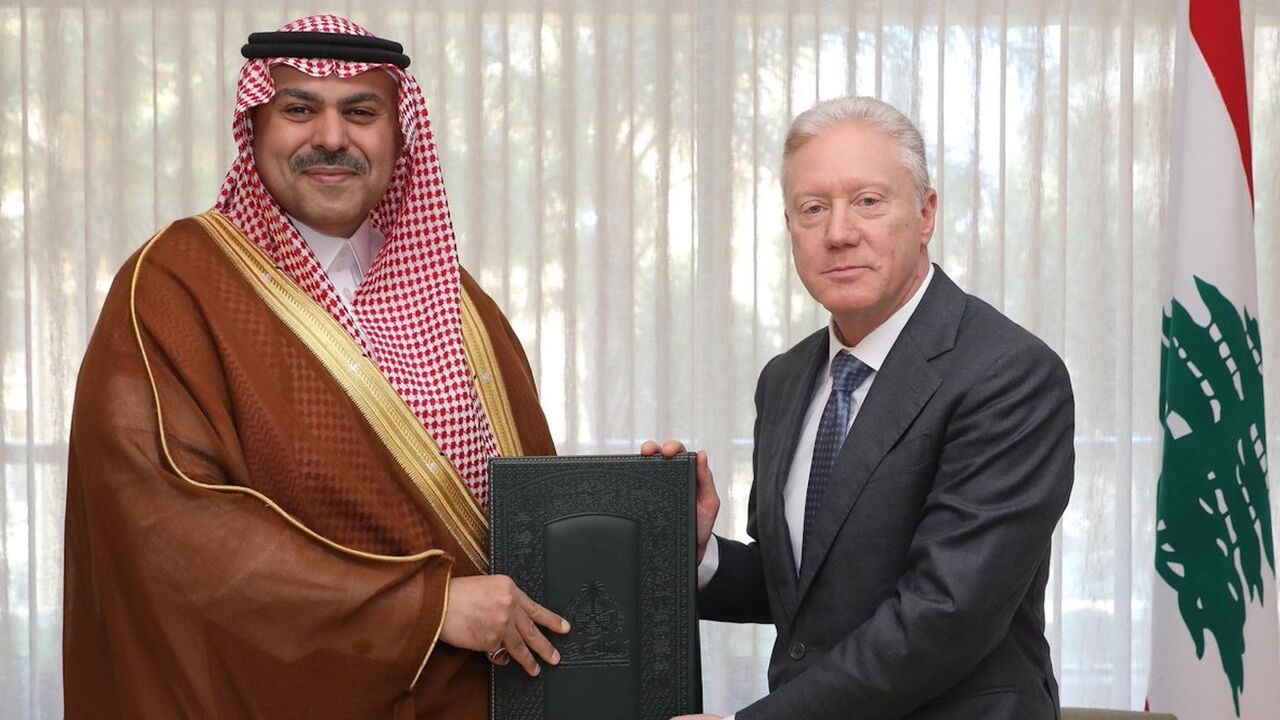 Lebanese Foreign Minister Youssef Rajji meets with Fahd bin Abdulrahman bin Hathloul Al-Dosari, the new Saudi ambassador to Lebanon, in Beirut on June 17, 2026.