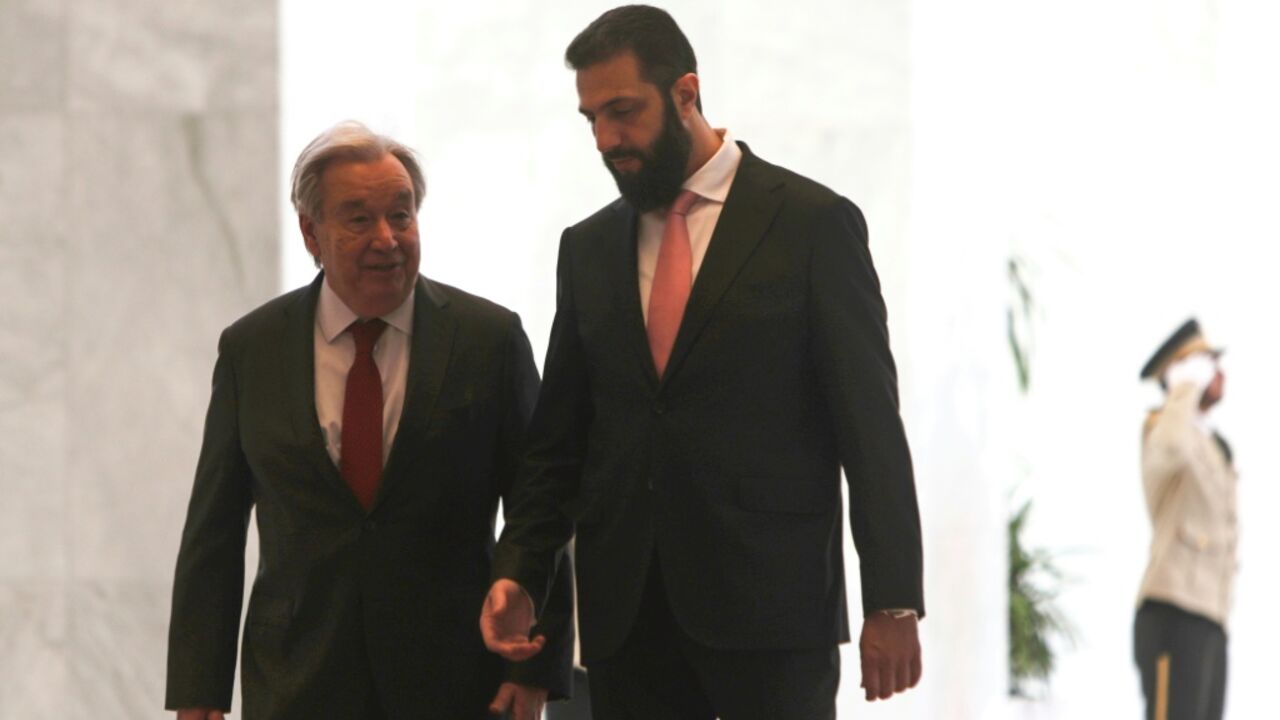 Syria's President Ahmed al-Sharaa receives UN Secretary-General Antonio Guterres at the People's Palace in Damascus