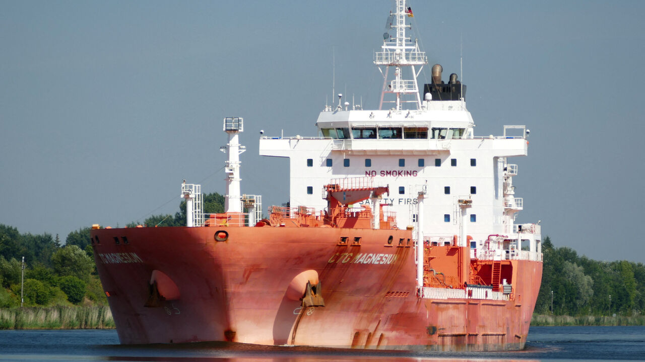 A picture taken August 17, 2020 shows the chemical tanker Stolt Magnesium, which caught fire on Tuesday following the "explosion of an unidentified external device" as it was sailing in the Arabian Sea off the coast of Oman, according to its manager Stolt Tankers, the main unit of Norwegian shipping company Stolt-Nielsen's SNI.OL, in Rendsburg-Eckernforde, Germany, in this picture obtained by Reuters on July 14, 2026. Hans-Peter Schroder/via REUTERS