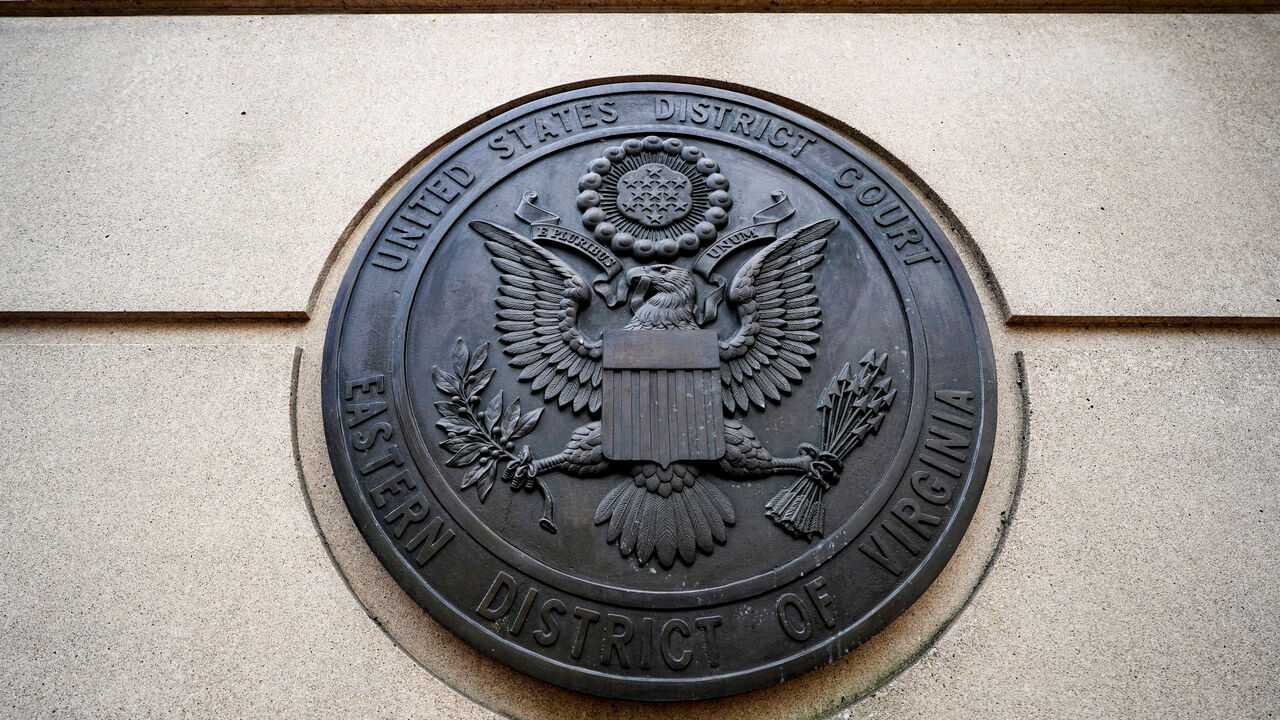 The seal of the U.S. District Court for the Eastern District of Virginia, at the Albert V. Bryan courthouse, stands in Alexandria, Virginia, U.S., September 25, 2025. REUTERS/Al Drago
