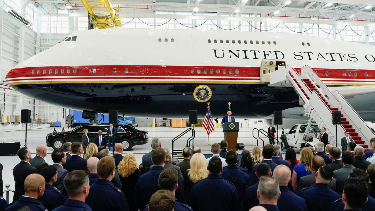 U.S. President Donald Trump delivers a speech as he stands in front of the VC-25B aircraft gifted by Qatar that will be used as Air Force One, at Joint Base Andrews, Maryland, U.S., June 19, 2026. REUTERS/Elizabeth Frantz