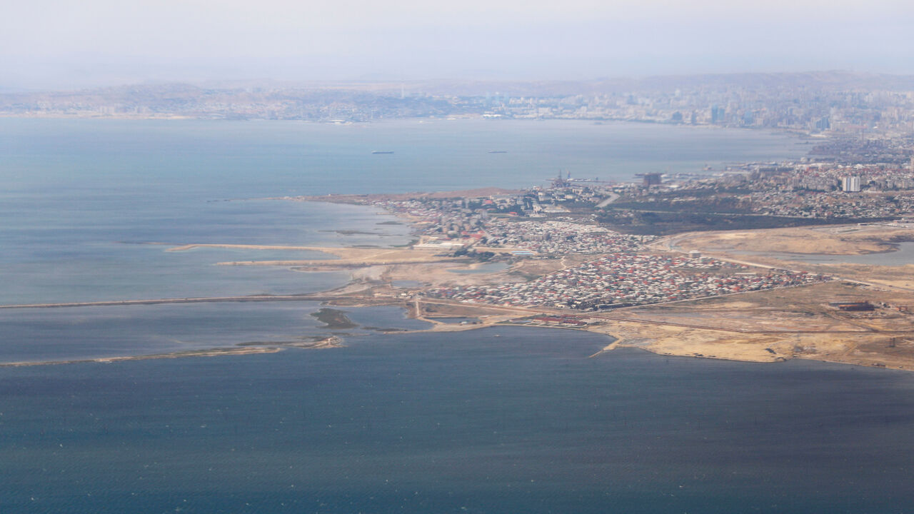 An aerial view of the Caspian Sea near the city of Baku is pictured through the window of an airplane in Baku Azerbaijan May 27, 2019. REUTERS/Amr Abdallah Dalsh