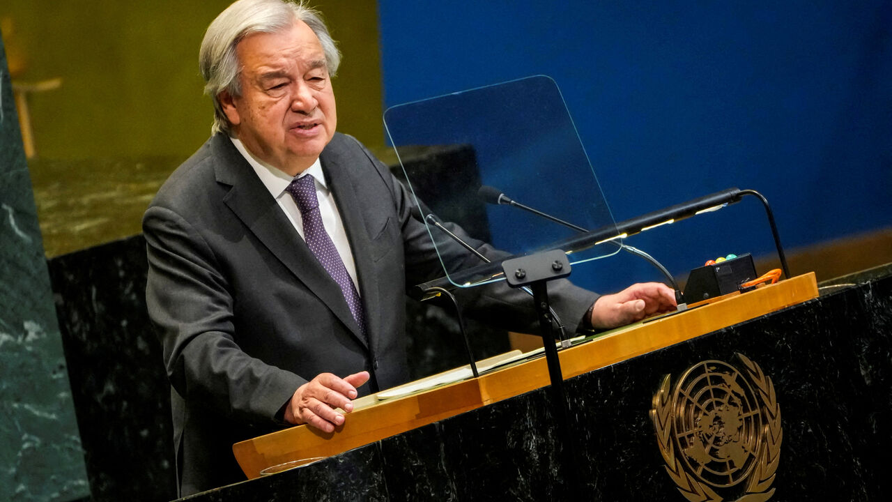 FILE PHOTO: United Nations Secretary-General Antonio Guterres speaks to delegates during a meeting on Nuclear Non-Proliferation Treaty at U.N. headquarters in New York City, U.S., April 27, 2026. REUTERS/Eduardo Munoz/File Photo
