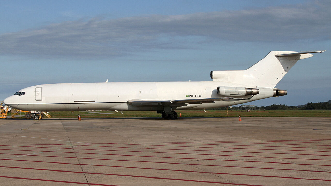 A Boeing 727 (MSN 22438), which Reuters found to be linked to companies controlled by a U.S. veteran and part of a network identified by United Nations experts as transporting mercenaries, weapons and drones for Sudan's Rapid Support Forces, after being repainted white weeks before its flight to Chad, in Florianopolis, Brazil, October 6, 2024. Bruno Orofino/Handout via REUTERS