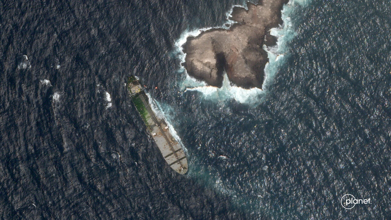 A satellite image shows the Caroline Bezengi, a sanctioned vessel, appeared to be covered in a coat of algae, off the coast of the Dhofar Governorate, Oman, July 19, 2026. 2026 Planet Labs PBC/Handout via REUTERS