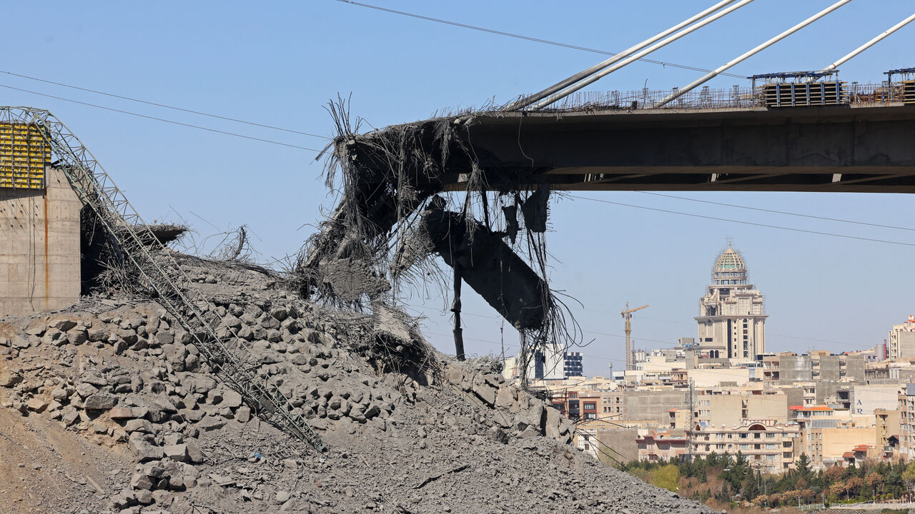A view of the B1 bridge is pictured, a day after it was destroyed by a strike in Karaj, around 20miles (35kms) southwest of Tehran, April 3, 2026. 