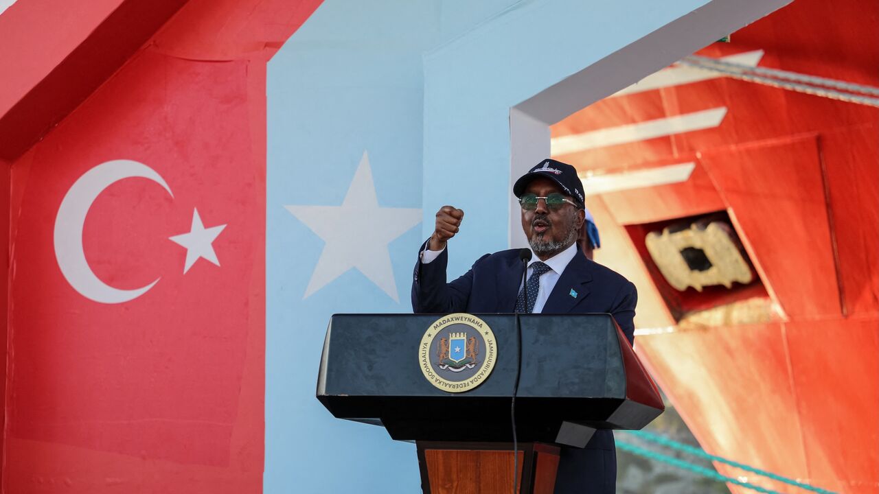 Somalia's President Hassan Sheikh Mohamud speaks during the launch of an offshore energy exploration at the port in Mogadishu on April 10, 2026. 