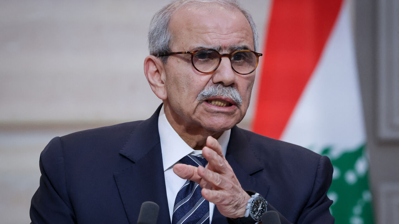 Lebanon's Prime Minister Nawaf Salam speaks during a joint declaration press event with French President following their meeting at the Elysee Presidential Palace in Paris on April 21, 2026.