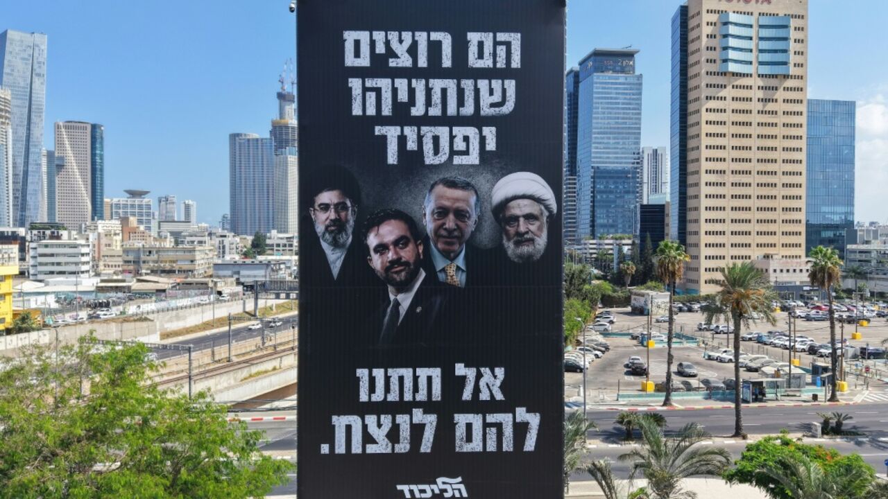 An election campaign billboard in Tel Aviv by the Likud Party of Israeli Prime Minister Benjamin Netanyahu depicts Iran's supreme leader Ayatollah Mojtaba Khamenei, New York City Mayor Zohran Mamdani, Turkey's President Recep Tayyip Erdogan, and Hezbollah Secretary-General Sheikh Naim Qassem, with Hebrew text reading "They want Netanyahu to lose."