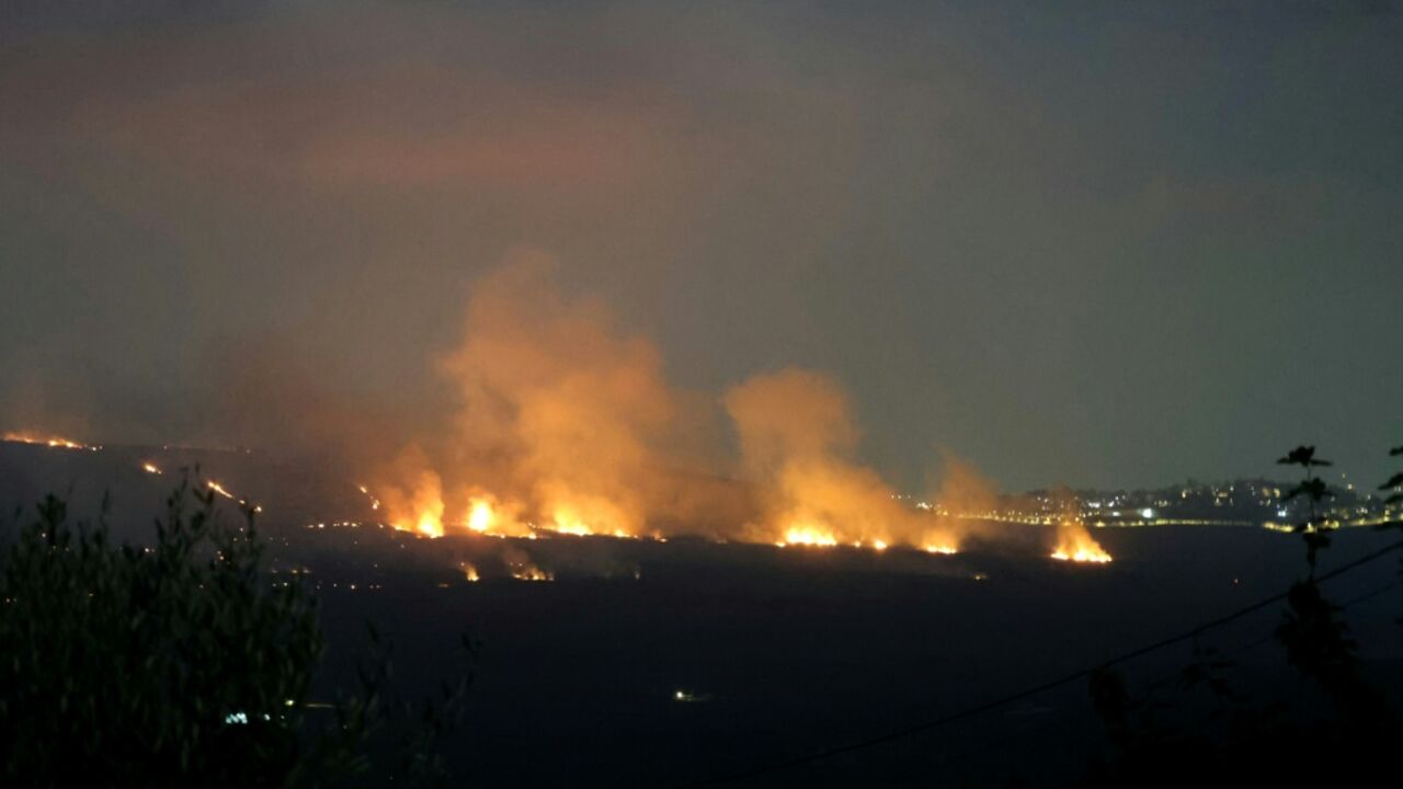 Smoke rises from fires ignited by Israeli shelling that targeted the plain of Marjayoun in southern Lebanon