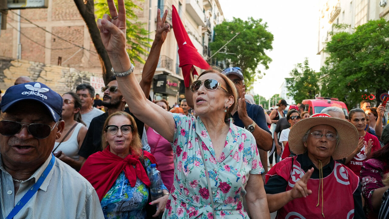 Tunisians protest against President Kais Saied, demanding the restoration of democracy and calling for the release of jailed activists and journalists amid a worsening economic and social crisis, in Tunis, Tunisia, August 20, 2026. REUTERS/Jihed Abidellaoui