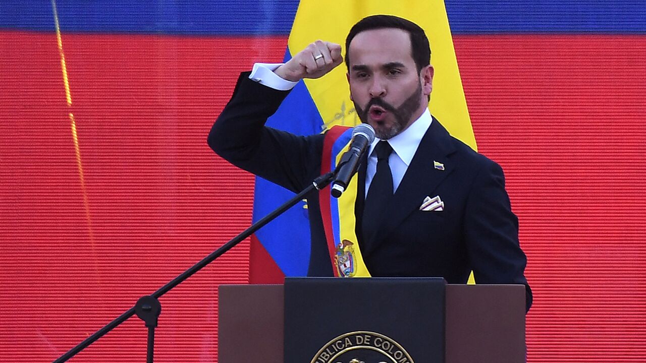 Colombia's new president, Abelardo de la Espriella, delivers a speech at the Pichincha Battalion after being sworn in, in Cali, Colombia, on Aug. 7, 2026.
