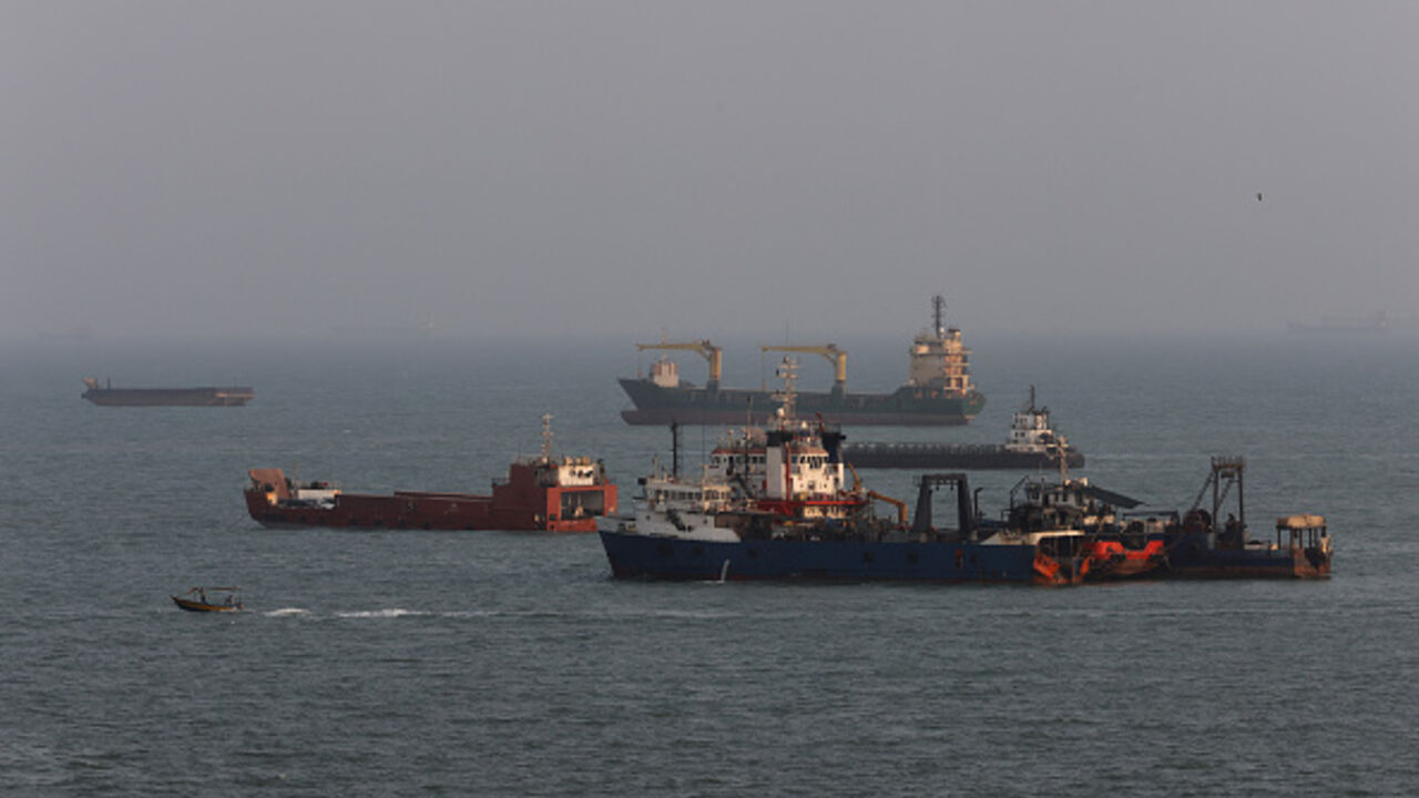 Ships are anchored in the Strait of Hormuz on August 10, 2026 off the coast of Bandar Abbas, Iran. (Ali Saeedi/Getty Images)