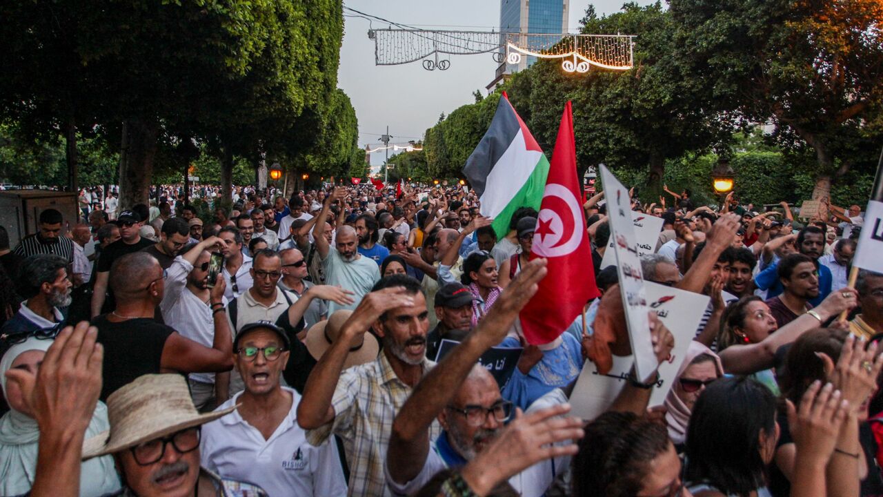 Members and supporters of the Nafas movement take part in an anti-government protest against Tunisian President Kais Saied, chanting "Degage" and calling for political change, in Tunis,Tunisia on August 20,2026. (Photo by Imen Ben Youssef / Hans Lucas / AFP via Getty Images)