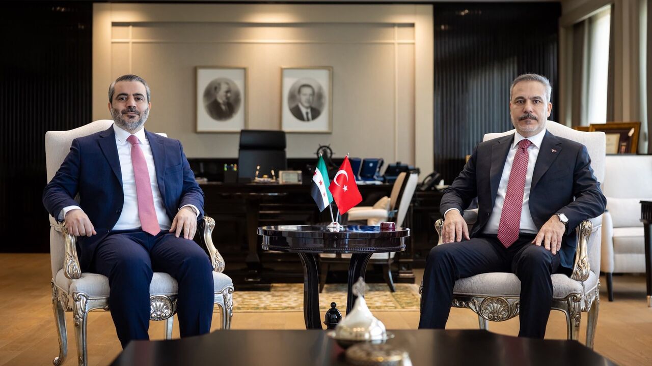 Syrian Foreign Minister Asaad al-Shibani meets with his Turkish counterpart, Hakan Fidan, in Ankara, Aug. 6, 2026.