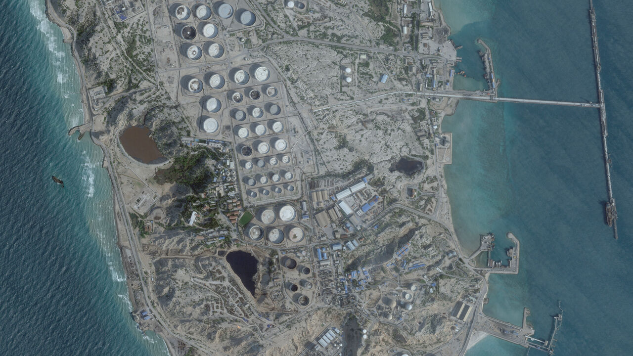 FILE PHOTO: A satellite image shows an oil terminal at Kharg Island, Iran, February 25, 2026. 2026 Planet Labs PBC/Handout via REUTERS/File Photo