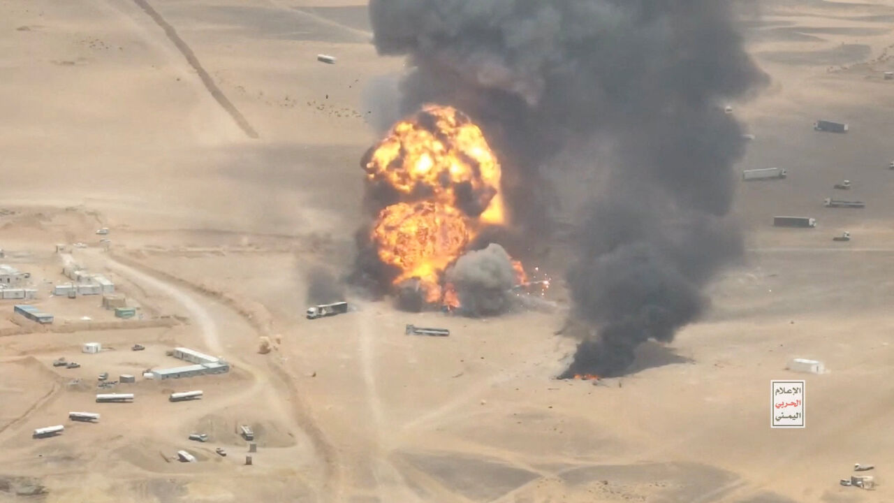 Trucks explode as they burn, during what the Houthis say was an attack targeting trucks coming from Saudi territory, at Al-Wadiah border crossing near Al-Wadiah, on the Saudi-Yemen border, in this still image obtained from a handout video released September 7, 2026. Houthi Media Centre/Handout via REUTERS