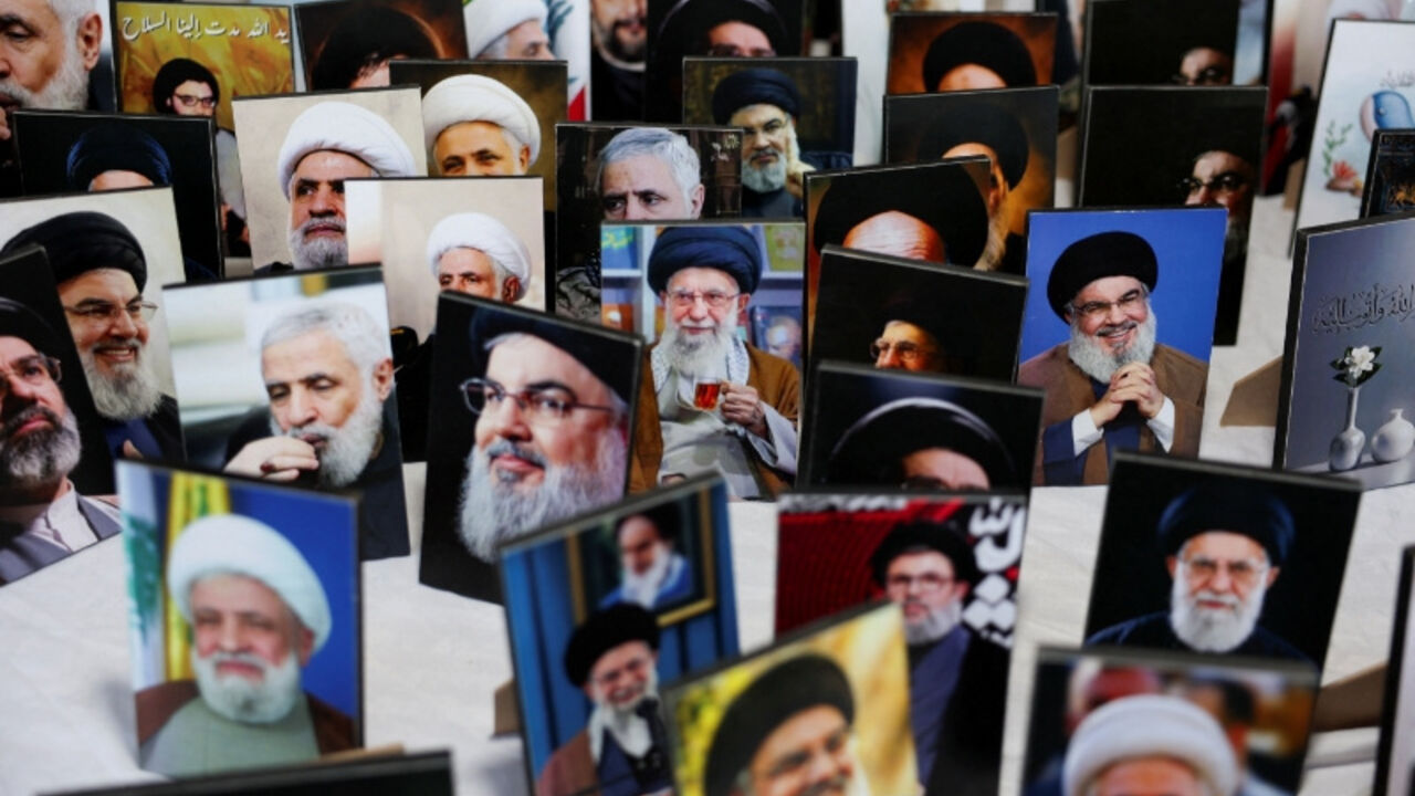 Portraits of current and former Iranian and Hezbollah leaders displayed at Proud Dahiyeh festival
