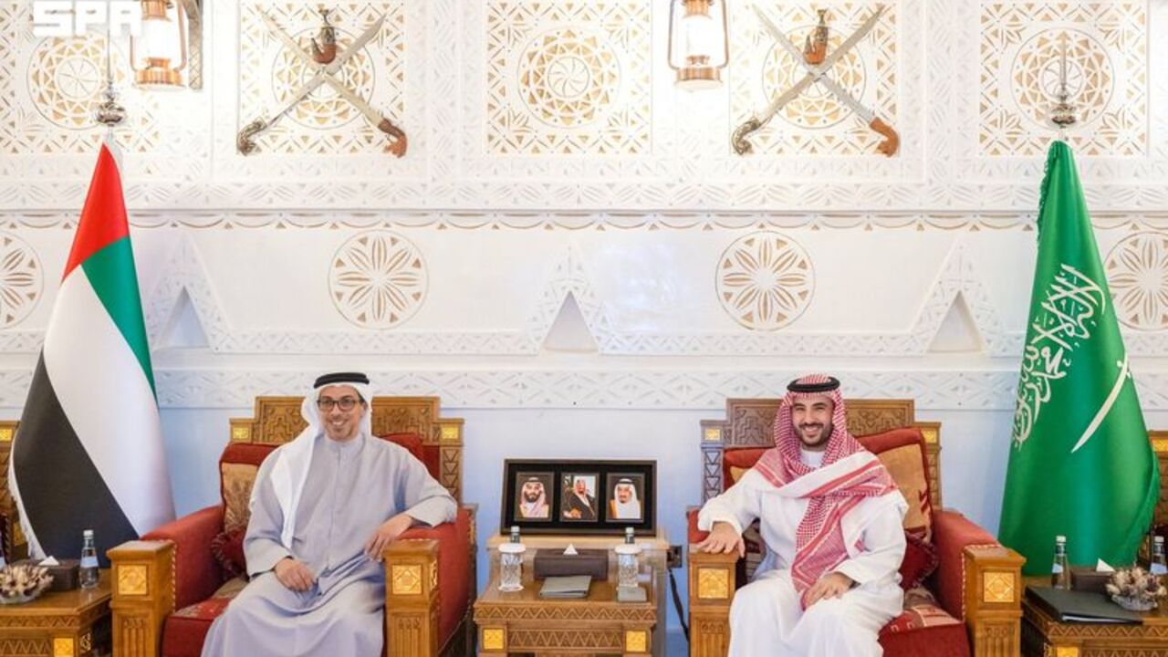 Saudi Defense Minister Prince Khalid bin Salman bin Abdulaziz Al Saud meets UAE Vice President and Deputy Prime Minister, Sheikh Mansour bin Zayed Al Nahyan in Riyadh