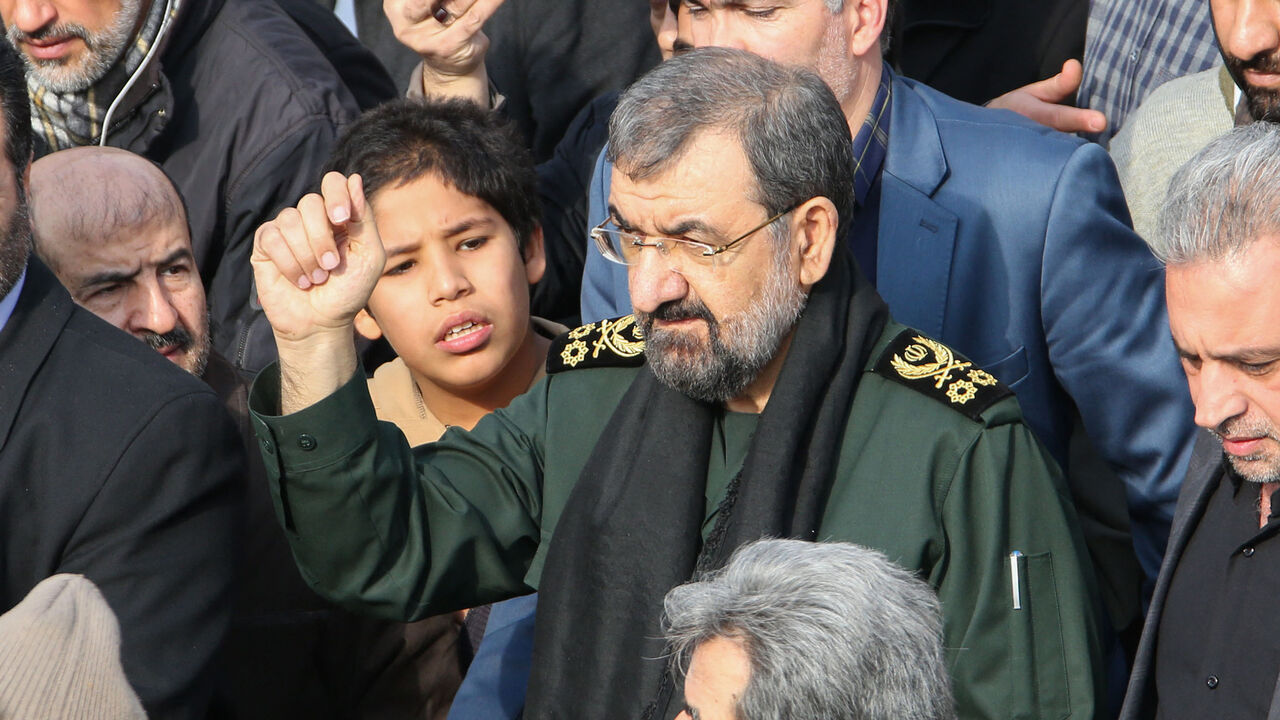 The former chief of Iran's Islamic Revolutionary Guard Corps, Mohsen Rezaei, takes part in a demonstration against American "crimes" following the killing of IRGC Maj. Gen. Qasem Soleimani in a US strike on his convoy at Baghdad international airport, Tehran, Iran, Jan. 3, 2020.