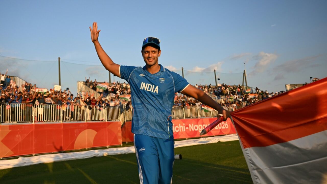 India's Shivam Dube acknowledges the crowd as India celebrate their victory
