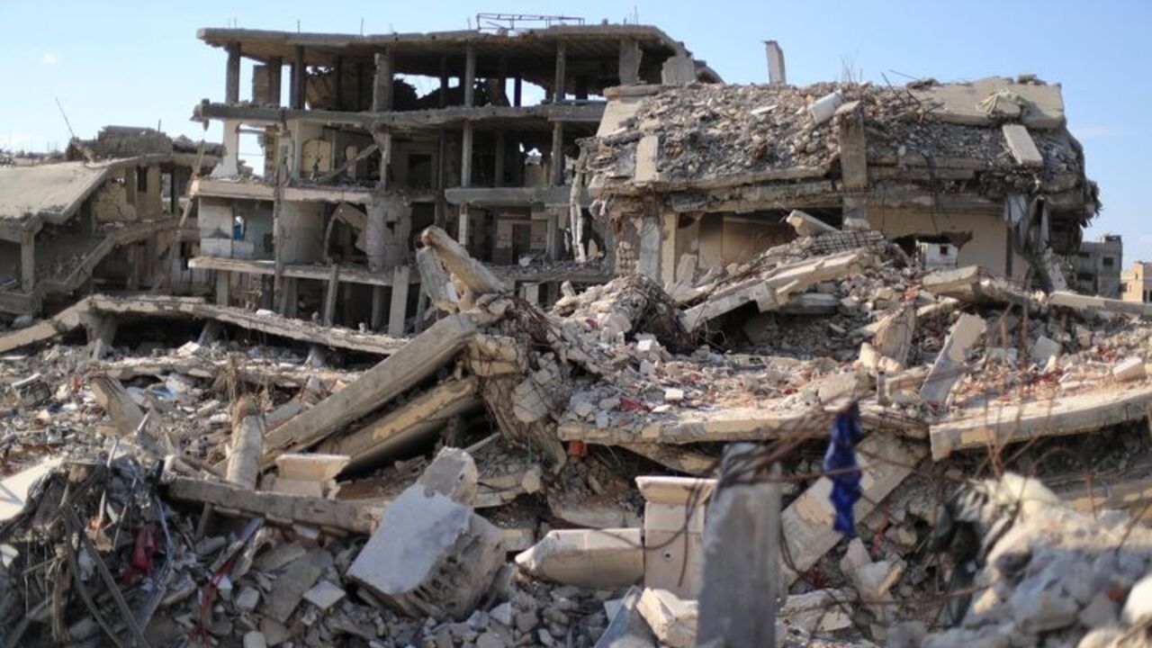 General view of residential buildings destroyed during the war, in Gaza