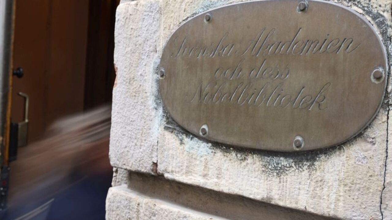 A sign at the Swedish Academy, where the 2026 Nobel Prize in Literature is announced, in Stockholm
