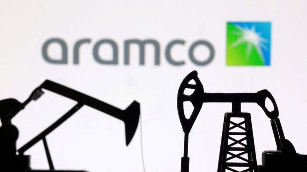 Illustration shows 3D printed oil pump jacks and Saudi Aramco logo